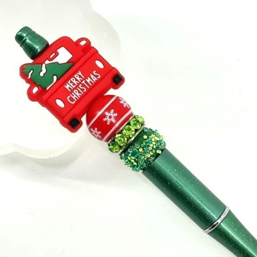 Merry Christmas pickup truck tree handmade pen NEW beads green red